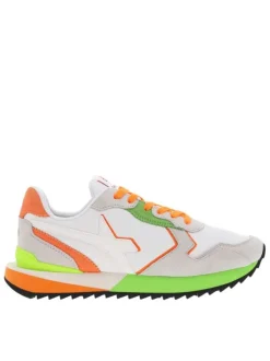 Baskets basses running blanches avec des lacets plats orange fluo