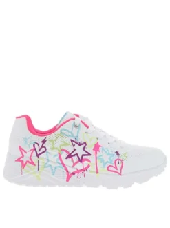 Baskets basses running blanches imprimées graffitis avec des lacets plats