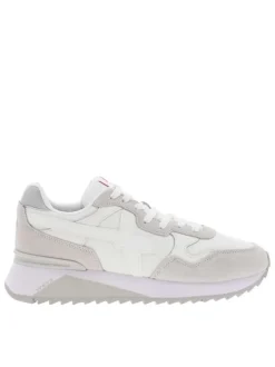 Baskets basses running en cuir blanches et grises avec des lacets plats