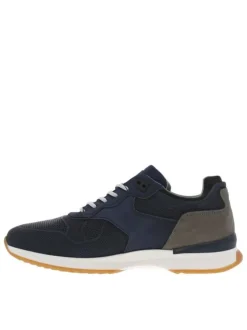 Baskets basses running en cuir bleu marine avec des lacets blancs et noirs