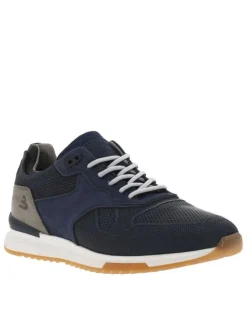 Baskets basses running en cuir bleu marine avec des lacets blancs et noirs