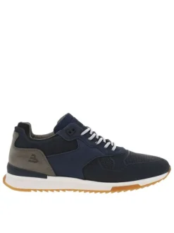 Baskets basses running en cuir bleu marine avec des lacets blancs et noirs