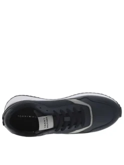 Baskets basses running en cuir bleu marine avec lacets plats et monogramme