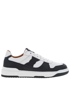 Baskets basses running en cuir bleu marine et blanches avec lacets plats