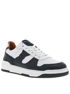 Baskets basses running en cuir bleu marine et blanches avec lacets plats