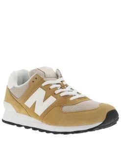 Baskets basses running 574 en cuir suède beige et camel avec lacets plats