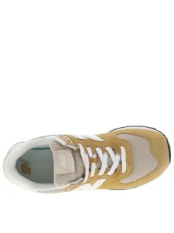 Baskets basses running 574 en cuir suède beige et camel avec lacets plats