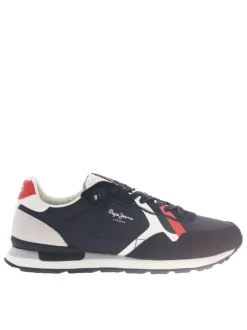 Baskets basses running marine avec empiècements en cuir nubuck et lacets plats
