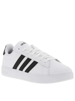 Baskets basses simili cuir blanc avec bandes noires latérales et lacets tressés blancs
