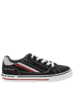 Baskets basses simili cuir bleu marine à semelle vulcanisée, lacets et zip latéral