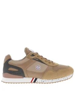 Baskets basses style running beige avec des lacets plats et détail tricolore