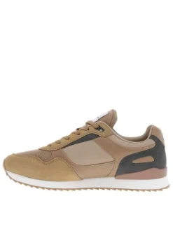 Baskets basses style running beige avec des lacets plats et détail tricolore