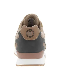 Baskets basses style running beige avec des lacets plats et détail tricolore