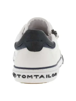 Baskets basses tennis blanches et marine avec lacets plats et zip latéral