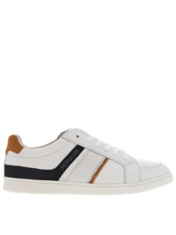 Baskets basses tennis en cuir blanches avec lacets plats et logo sur le côté
