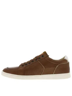 Baskets basses tennis en cuir cognac avec lacets plats et zip sur l'extérieur