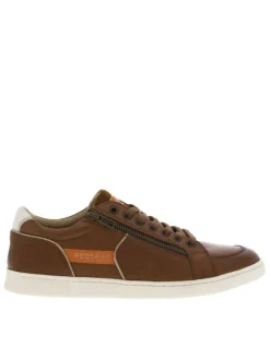 Baskets basses tennis en cuir cognac avec lacets plats et zip sur l'extérieur