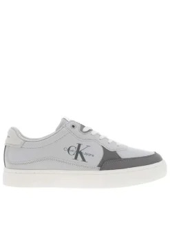Baskets basses tennis en cuir grises avec lacets plats et logos