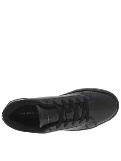 Baskets basses tennis en cuir noires avec lacets plats et logos