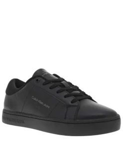 Baskets basses tennis en cuir noires avec lacets plats et logos