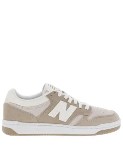 Baskets basses tennis 480 en cuir nubuck beiges avec lacets plats blancs