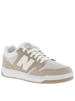 Baskets basses tennis 480 en cuir nubuck beiges avec lacets plats blancs