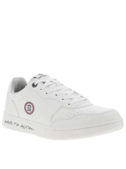 Baskets basses tennis en simili cuir blanc à semelle plate ton sur ton et lacets plats élastiqués