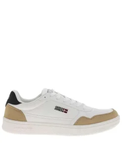 Baskets blanches à talon plat avec des lacets et logo brodé sur le côté
