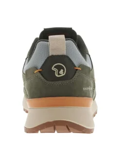 Baskets bleu et kaki à semelle crantée et surpiqûres contrastées sur les lacets