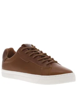 Baskets en cuir cognac à talon plat avec une languette en daim