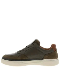 Baskets en cuir kaki avec empiècements effet daim et semelle à talon plat