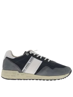 Baskets en cuir marine avec des lacets ronds et des motifs sur la semelle