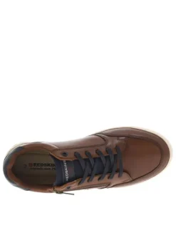 Baskets en cuir marrons et bleues marine avec un zip décoratif et à lacets plats
