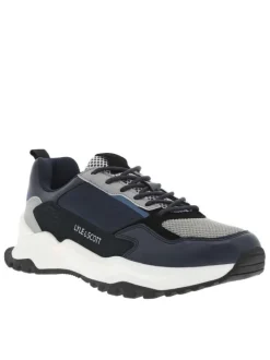Baskets en partie en cuir nubuck marine à semelle semi-compensée et lacets ronds