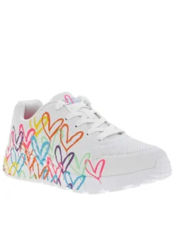 Baskets en simili cuir blanc et multicolore à semelle compensée et lacets plats