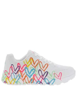 Baskets en simili cuir blanc et multicolore à semelle compensée et lacets plats