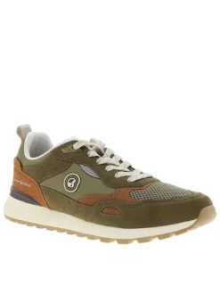 Baskets kaki à semelle plate avec un patch de la marque sur la languette