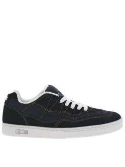 Baskets larges en cuir bleues marine à surpiqûres jaunes et à lacets plats