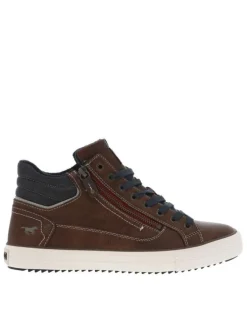 Baskets marron à lacets bleus avec fermeture zippée et coutures apparentes