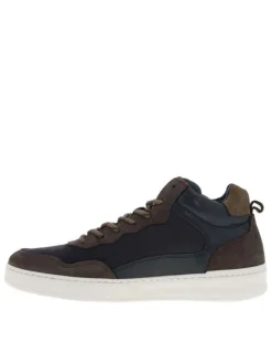 Baskets montantes divers cuir bleu marine et taupe à semelle sneakers plate et à lacets ronds tressés
