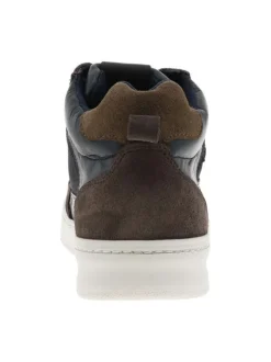 Baskets montantes divers cuir bleu marine et taupe à semelle sneakers plate et à lacets ronds tressés