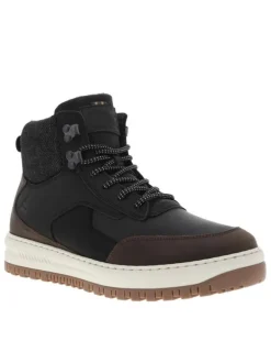 Baskets montantes en divers empiècements de cuir noir à talon plat avec semelle plateforme bicolore