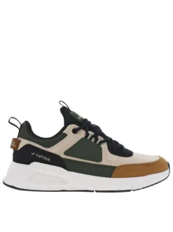 Baskets running beiges et kaki à semelle plate avec lacets ronds bleus et logos