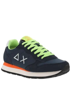 Baskets running bleues marine à lacets plats jaunes fluorescents