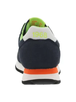 Baskets running bleues marine à lacets plats jaunes fluorescents