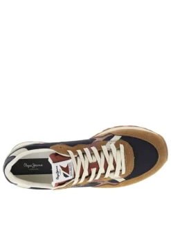 Baskets running en cuir cognac à talon plat avec logo beige et lacets plats