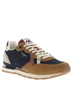 Baskets running en cuir cognac à talon plat avec logo beige et lacets plats