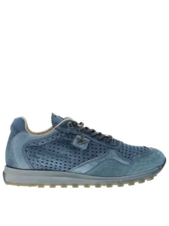 Baskets running en cuir indigo à talon plat avec des aérations sur le pourtour