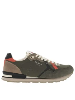Baskets running en cuir kaki à semelle beige avec lacets plats écrus