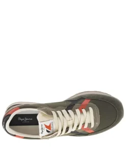 Baskets running en cuir kaki à semelle beige avec lacets plats écrus